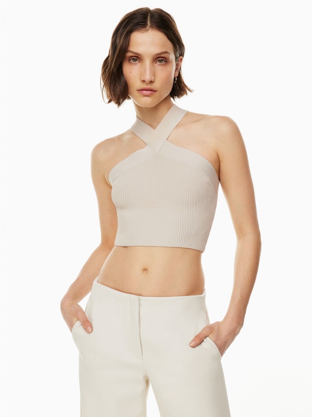 Babaton Aritizia Sculpt Knit Crisscross Ribbed Crop Halter Top in Cream Size XS